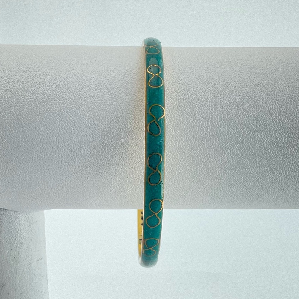 Vintage Signed Robert Kuo Turquoise Enamel & Gold Bangle Bracelet, Artisan